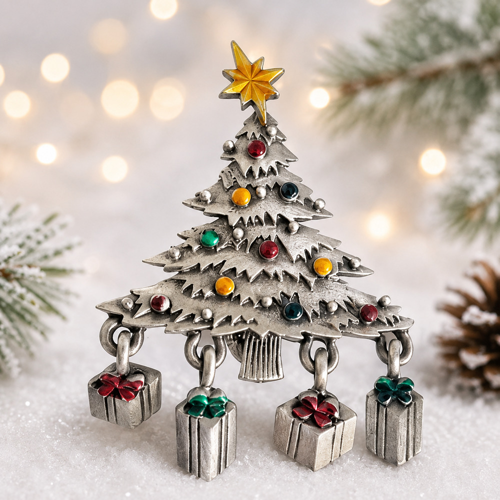 Vintage JJ Jonette Christmas Tree Brooch Dangle Presents Pewter Holiday Pin